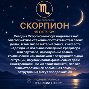Гороскоп Скорпиона на сегодня 15 октября 2026 года Сегодня Скорпионы могут надеяться на благоприятное…
